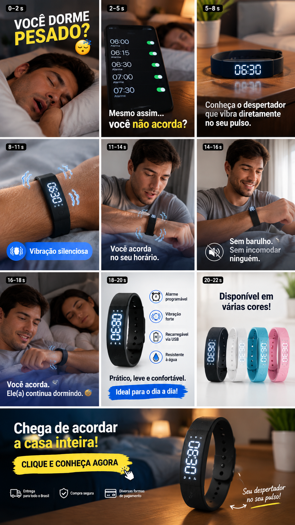 A pulseira HT30 vibra com precisão para despertar apenas você, mantendo o silêncio absoluto para seu cônjuge e filhos. O fim dos alarmes barulhentos.