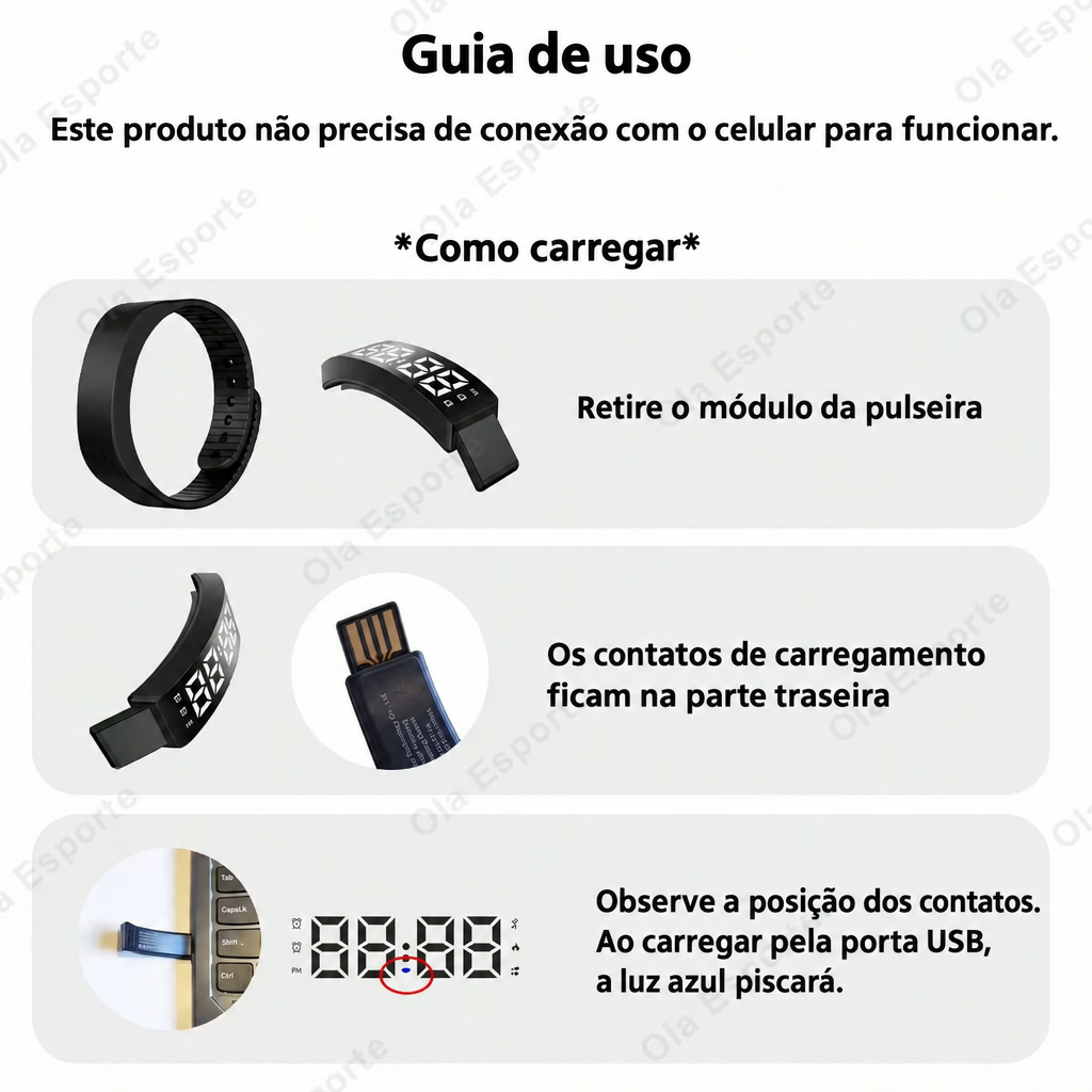 Guia em português para carregar a pulseira por USB