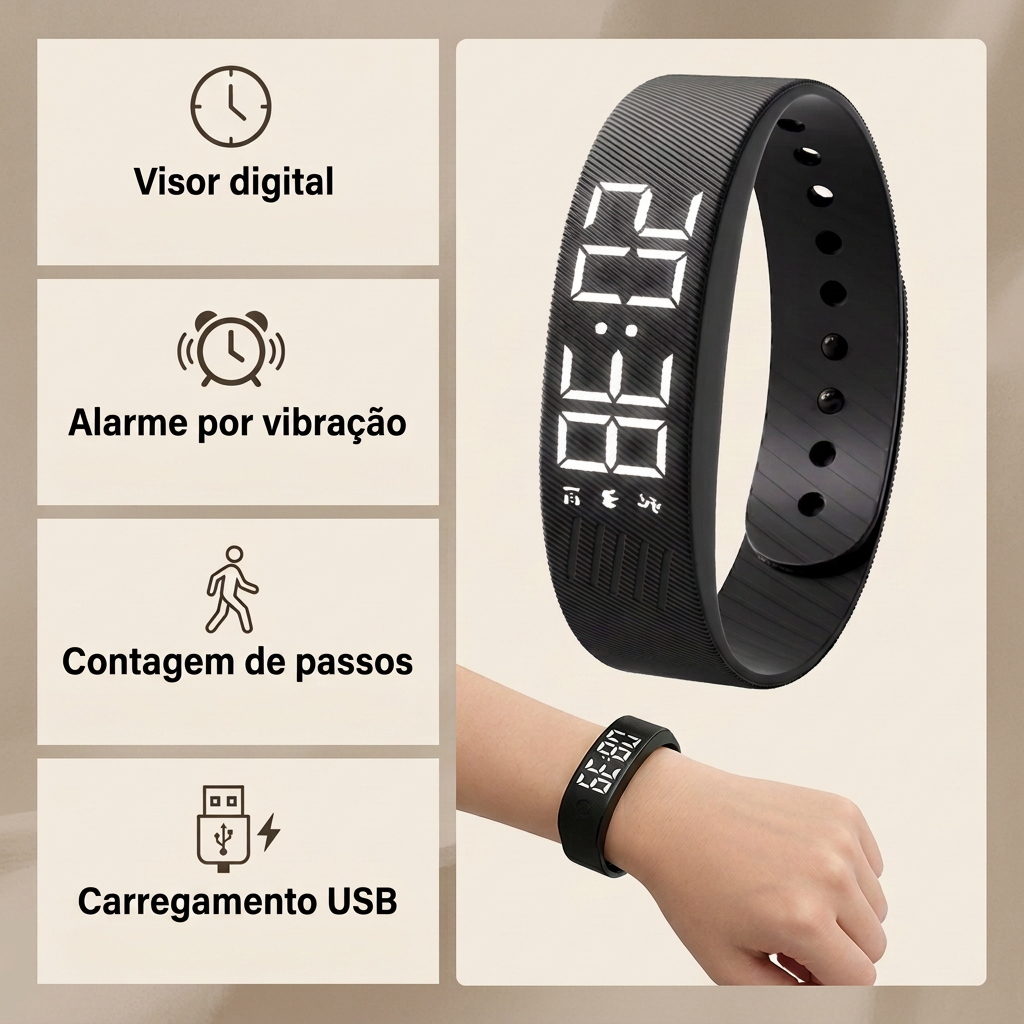 Visor digital, vibração, contagem de passos e carregamento USB