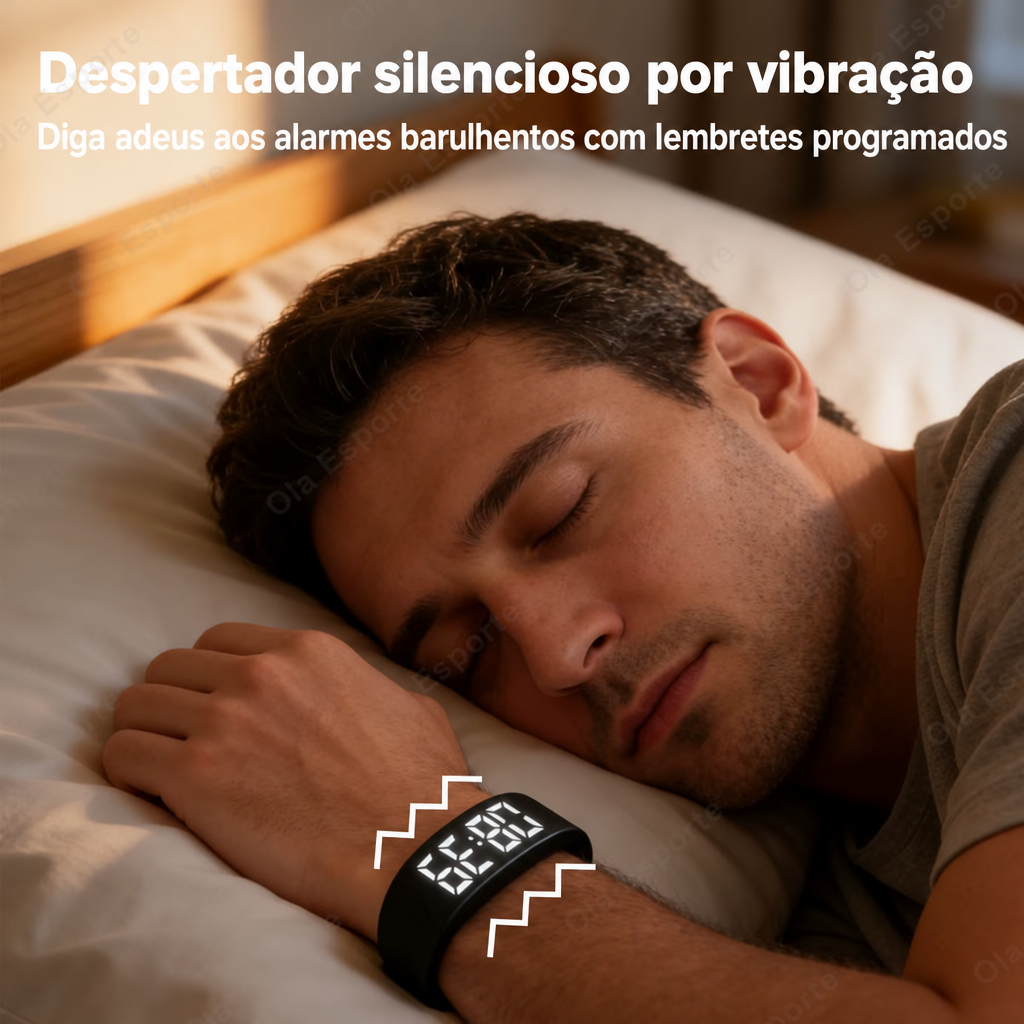 Pulseira com alarme por vibração no pulso de um homem dormindo