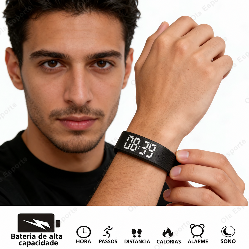 Homem usando a pulseira com ícones de funções em português