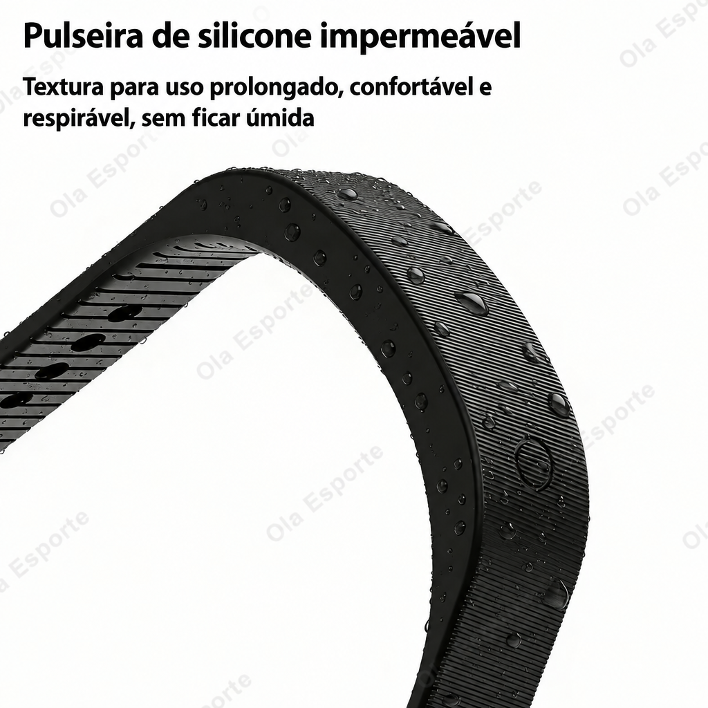 Detalhe da pulseira de silicone com gotas de água