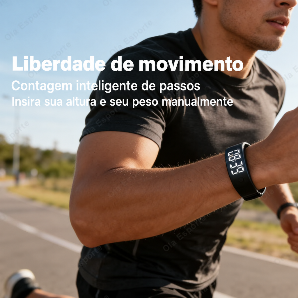 Homem correndo com pulseira e texto sobre contagem de passos