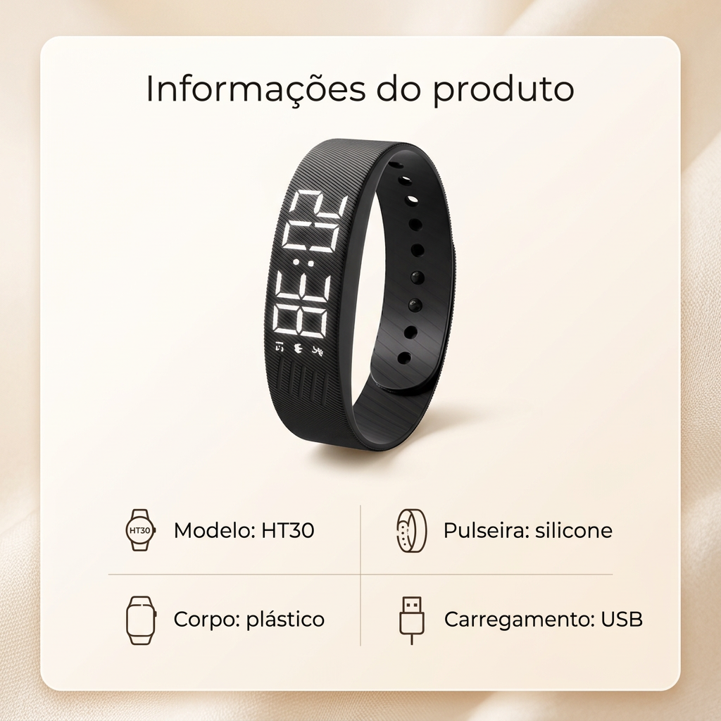 Modelo HT30, pulseira de silicone, corpo de plástico e carregamento USB
